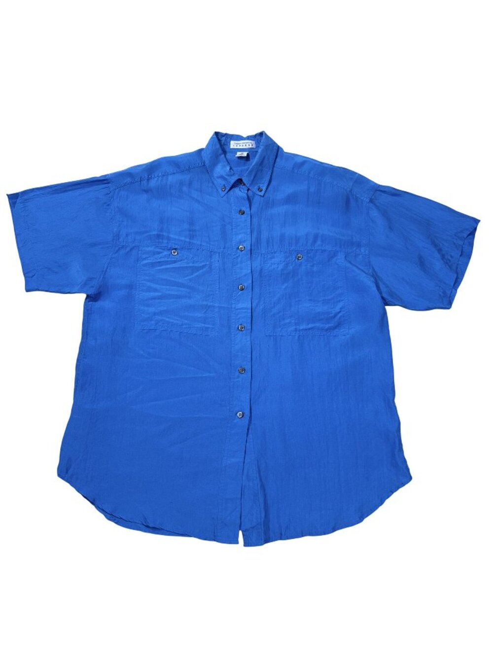 Vintage Express Men's Blue 100% Silk Button Front Short Sleeve Shirt Top Size S